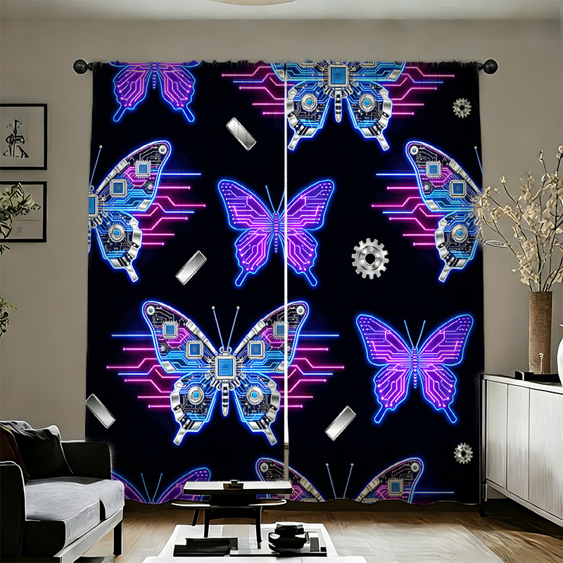 Office Tech Decor - 2pcs Cyberpunk Butterfly Curtains Neon Circuit